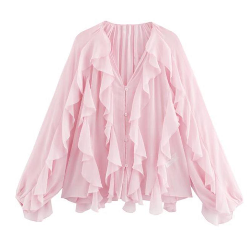 Chiffon Ruffled V-Neck Shirts Top Women Blouse Tee 2026 Summer Sheer Lace-Up High Waist Blouse Elegant Female Shirts Tops