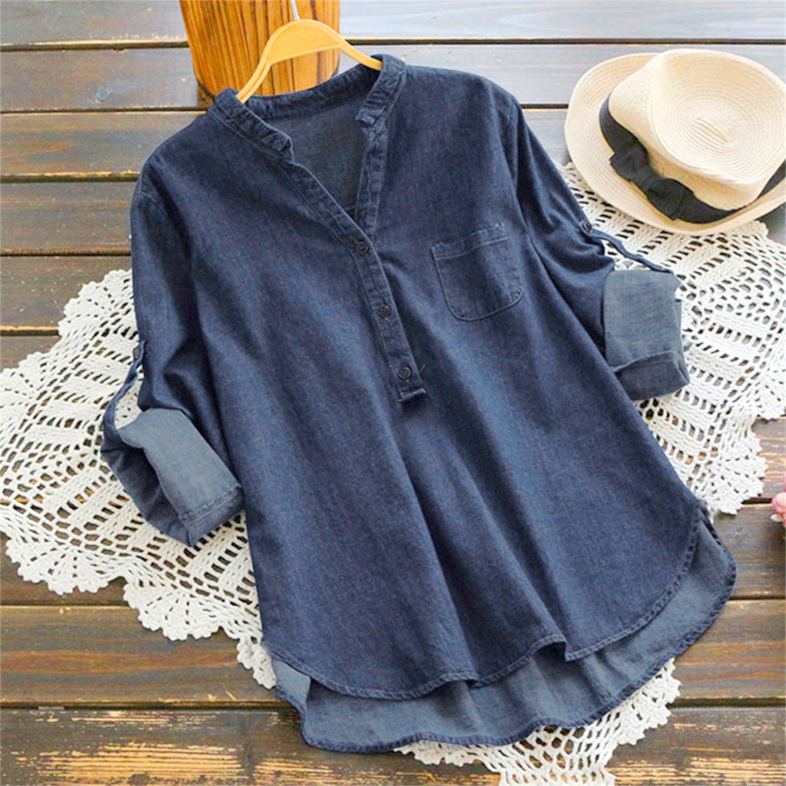 

Женская повседневная джинсовая блузка с асимметричным подолом, длинными рукавами и пуговицами, карманами и топами M темно-синий