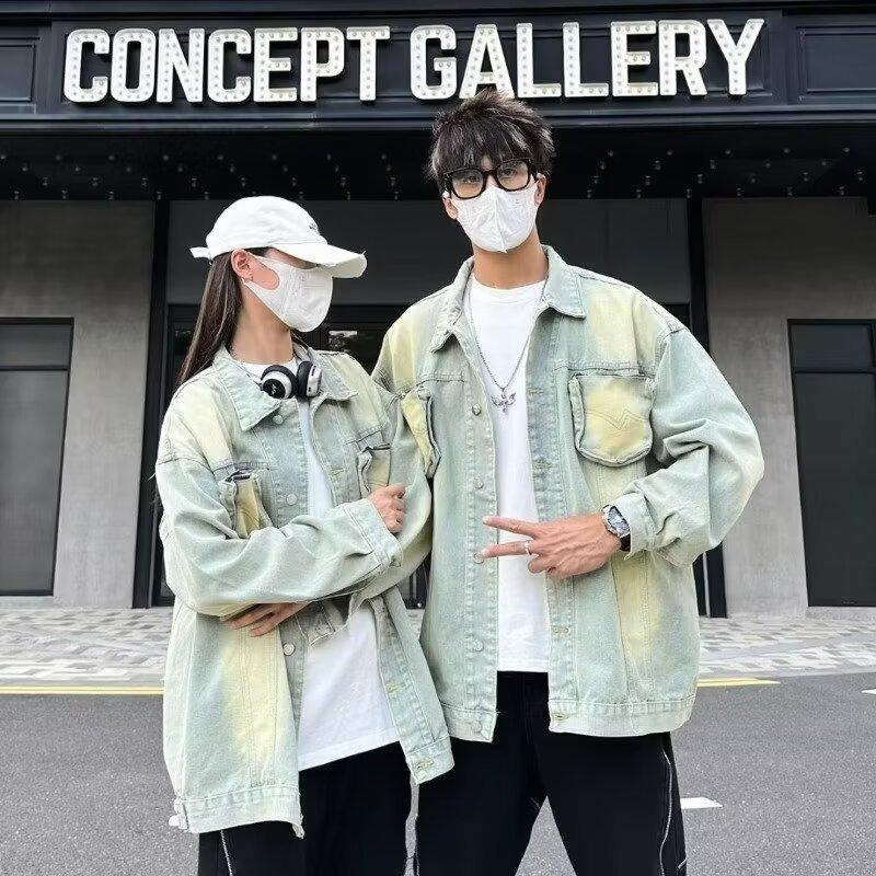 

Американская желтая грязевая вымытая джинсовая куртка с карманом на молнии мужская модная тенденция ретро парное пальто топ 2XL