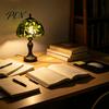 Decorative Lighting for Bar Retro Green Stained Glass Desk Lamp, Hand-Carved Resin Base Vintage Tiffany Style Lamp Table Light Bedroom Study Room And