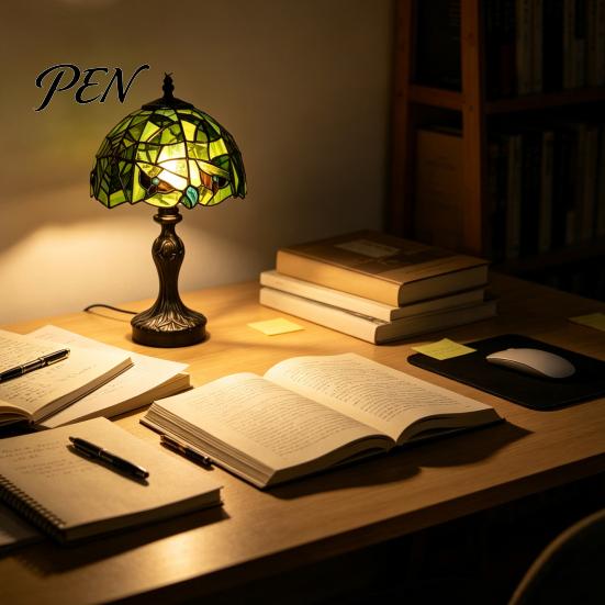 Decorative Lighting for Bar Retro Green Stained Glass Desk Lamp, Hand-Carved Resin Base Vintage Tiffany Style Lamp Table Light Bedroom Study Room And
