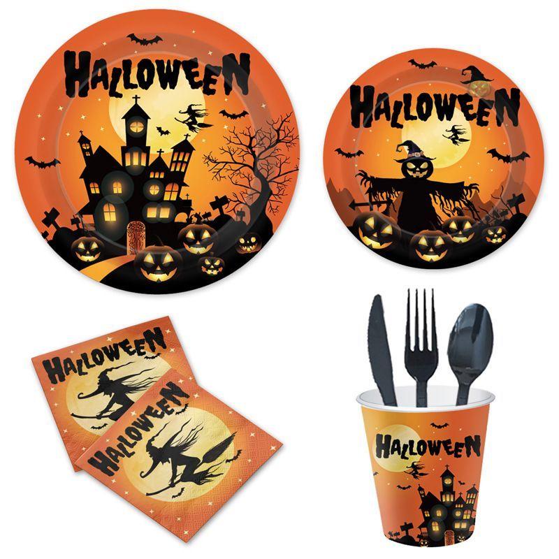 Halloween-Themed Party Set: Disposable Paper Plates, Tableware, Paper Cups, Banners, Tablecloths, and Decorations