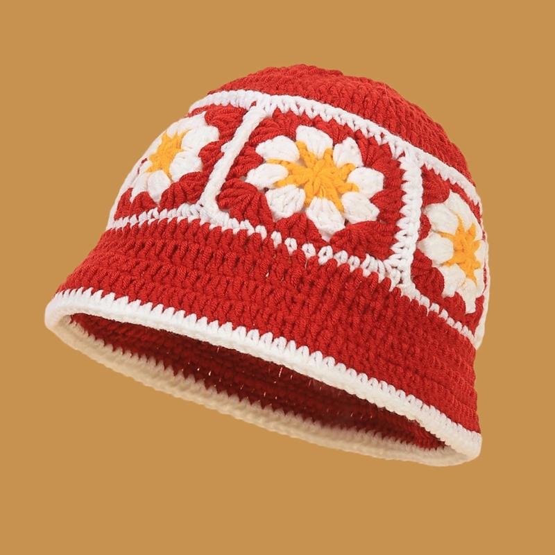 Elegant Bucket Hat Floral Granny-square Crochet Hat Holiday Decors Vacation Hat Western Cloch Style for Schoolgirls
