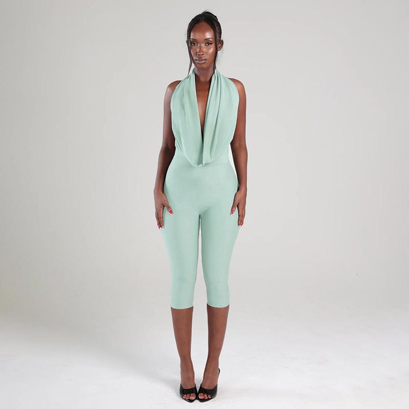 Women's 2026 Summer Draped Neck Backless Tie Bodycon Jumpsuit