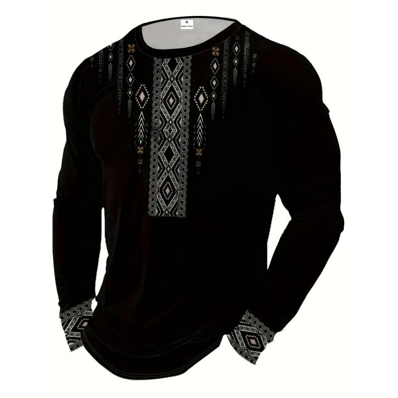 Tribal Print Long Sleeve T-Shirt - Fashion Round Neck Geometric Mosaic Design, Suitable for Casual Outings and Autumn/Winter Wear