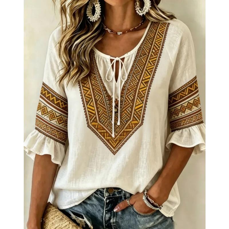 Damen Mehrfarbiger Print Krawattenfront V-Ausschnitt 3/4 Rüschenärmel Lockere Bluse, Lässiges Tägliches Oberteil