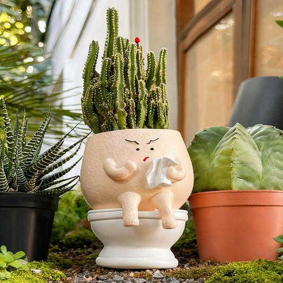 Funny Face Toilet Planter with Drainage Hole for Indoor Plants Cute Face Head Flower Pot for Home Office Balcony Garden