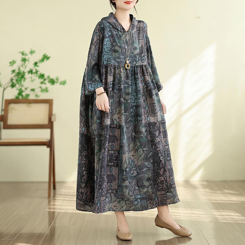 DIMANAF New 2026 Women Plus Size Summer Maxi Long Dress Cotton Hooded Loose Oversize Casual Lady Vintage Print Beach Sundress