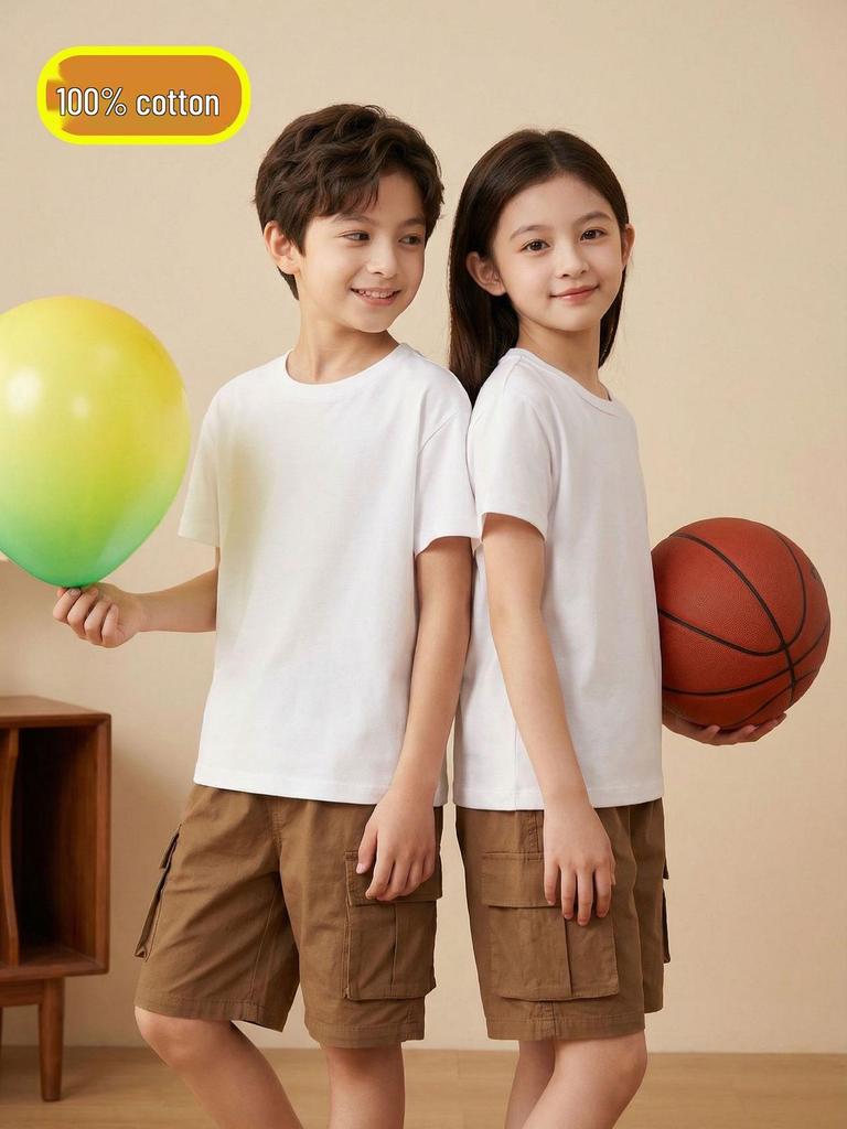 Kids' Pure Cotton Tie-Dye Short-Sleeve Parent-Child T-Shirt with Logo - White Round Neck for Kindergarten Uniform