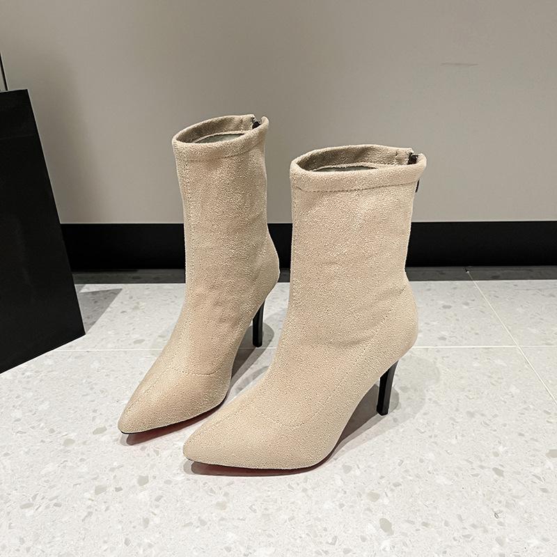 

Осенне-зимние новые женские ботинки европейской и американской моды замшевые ботильоны на шпильке средней высоты с острым носком модные ботинки на высоком каблуке 39