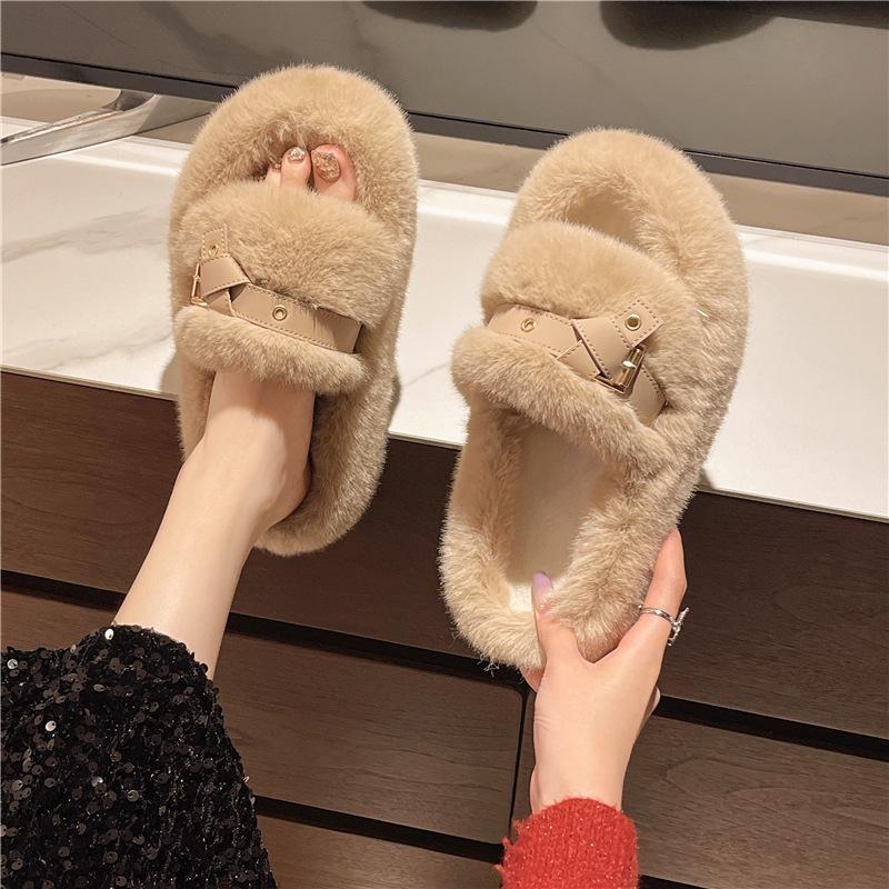 Large Size Fluffy Slippers Women's Outer Wear 2025 Spring Autumn and Winter Indoor Home Internet Celebrities Super Fire Large Size Thick Bottom Plu