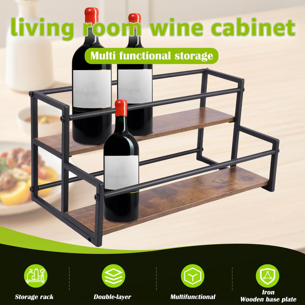 2 Tiers Coffee Syrup Bottle Stand Wine Rack Wood Vintage Kitchen Living Room Bar Syrup Wine Display Shelf