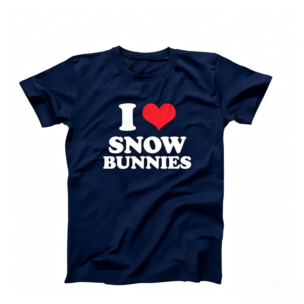 I Love Snow Bunnies Red Heart Slogan T Shirt Minimalist Letter Graphic Ski Lover Casual Oversized Unisex Black Short Sleeve Tee