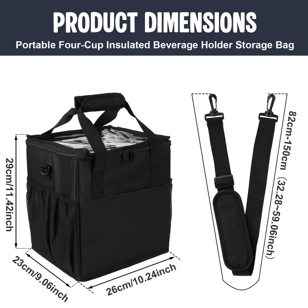 Reusable 4 Cups Drink Carrier for Delivery with Adjustable Dividers Insulated Drink Caddy Holder Bag with Multiple Pockets