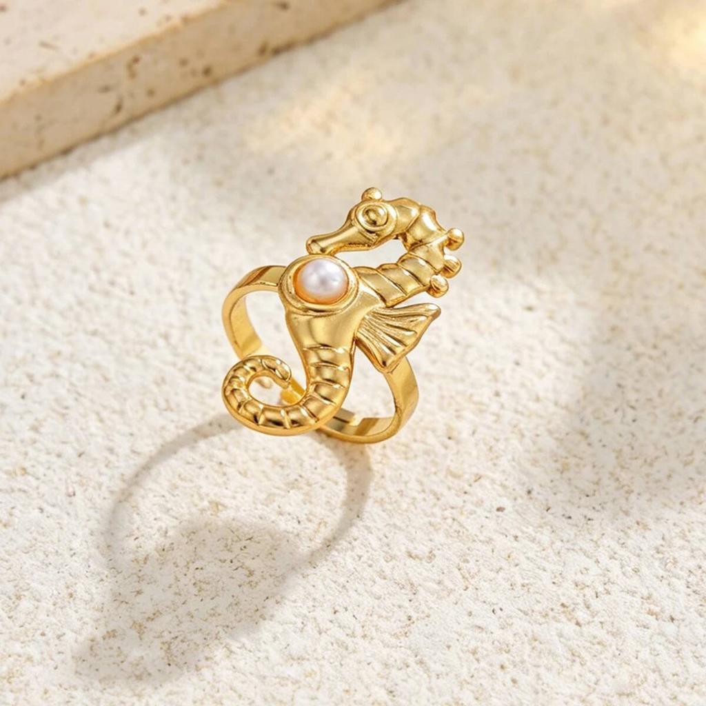 SHIXIN 6Pcs Creative Stainless Steel PVD18K Plated Gold Color Open Rings Women Trendy Imitation Pearl Finger Ring Daily Jewelry