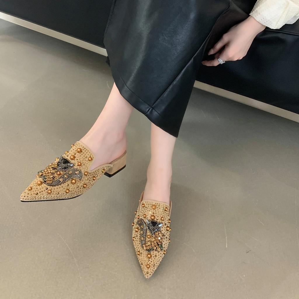Summer Suede Rivets Rhinestone Fox Ladies Slippers Women Luxury Designer Shoes Comfortable Slippers Sandals Mules