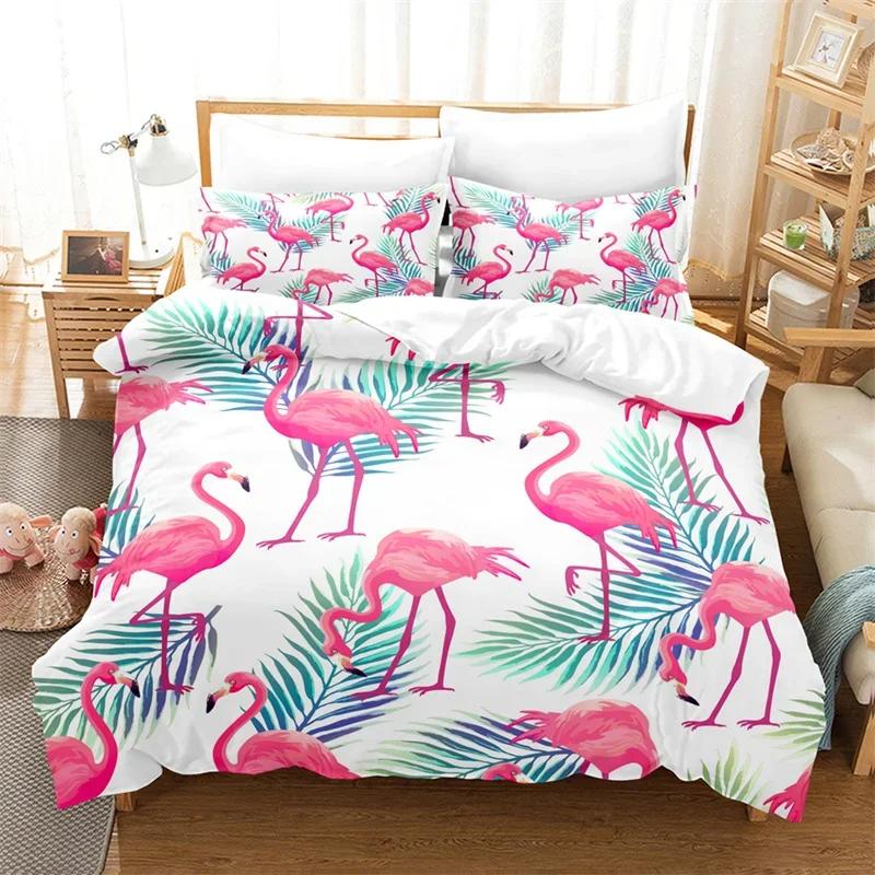 Flamingo Bettbezug Tropische Palmenblätter Bettwäschebezug Polyester 3D Blumiges Bettwäsche-Set Twin King Für Mädchen Jungen Zimmerdekor