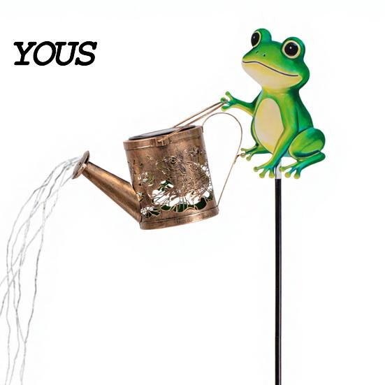 Nature Inspired Outdoor Ornaments Solar Frog Garden Stake Light, Watering Can Shadow Projection Lamp with Metal Landscape Lighting Waterfall LED, Yard