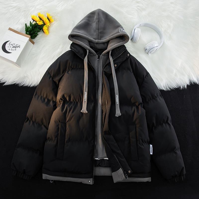 Winter new fake two-piece hooded cotton-padded jacket men's short loose thickened cotton-padded jacket winter bread-padded jacket