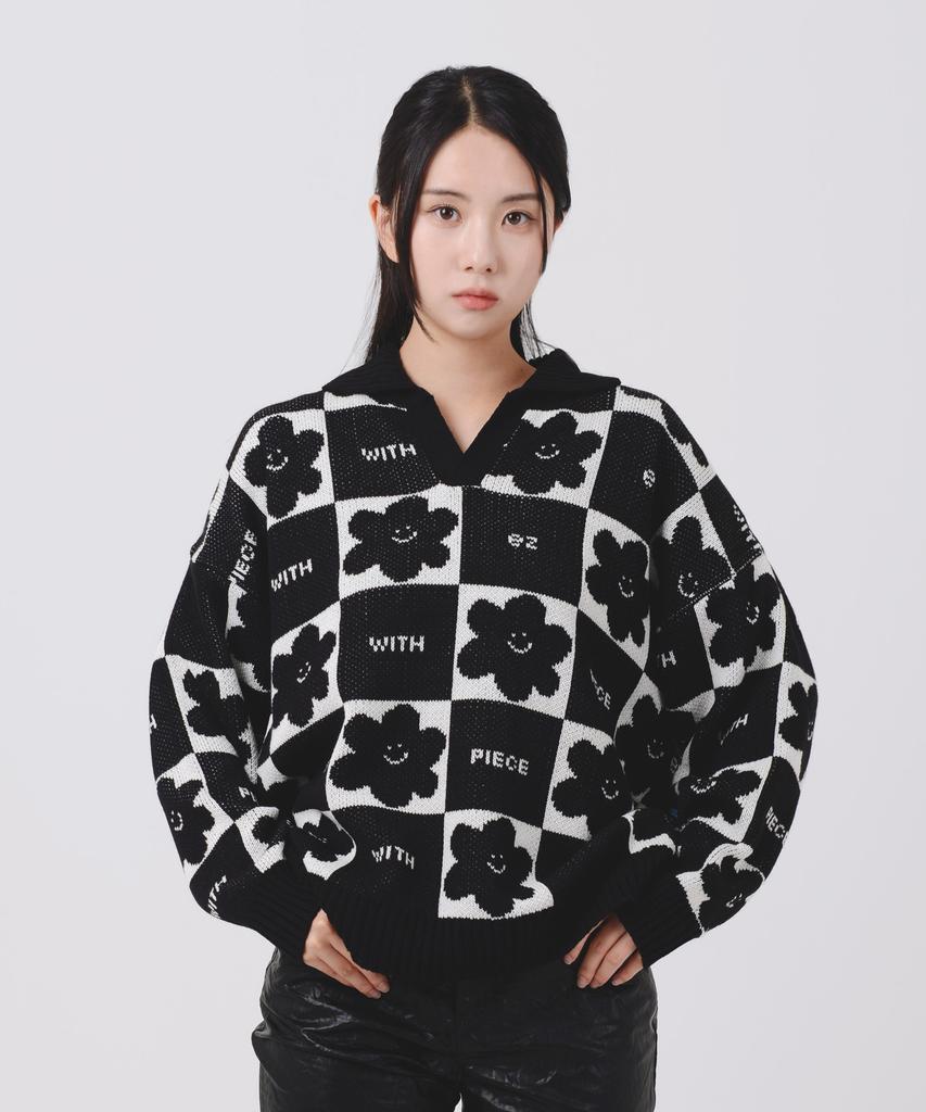 PEACE MAKER Daisy Checkerboard Polo Knit Sweater (Black)