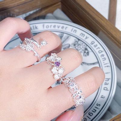 Purple Zircon Butterfly Lily Of The Valley Fringed Open Ring Exquisite Gentle Light Luxury High-Grade Star Flower Stacked Ring