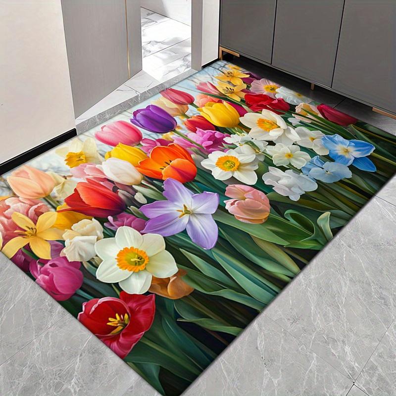 Tulip Butterfly Non-Slip Flannel Door Mat, Machine Washable Fade-Resistant for Indoor Outdoor Use In Bedroom Living Room Kitchen