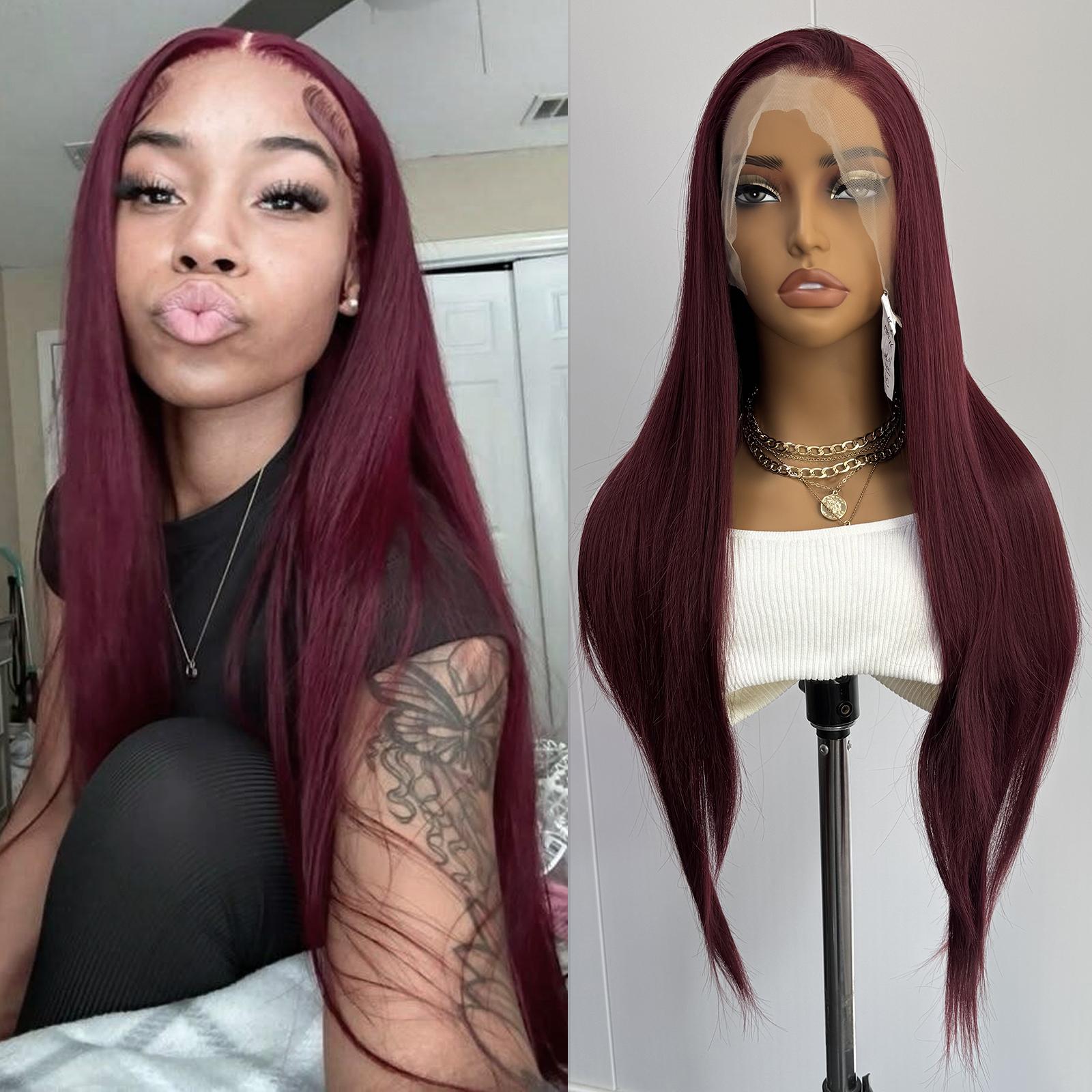 

AIMEYA Burgundy Lace Front Wig Heat Resistant Synthetic Long Straight Wig for Black Women Natural Hairline Daily Used Cosplay (Burgundy,18inches&Lace Front) бордовый
