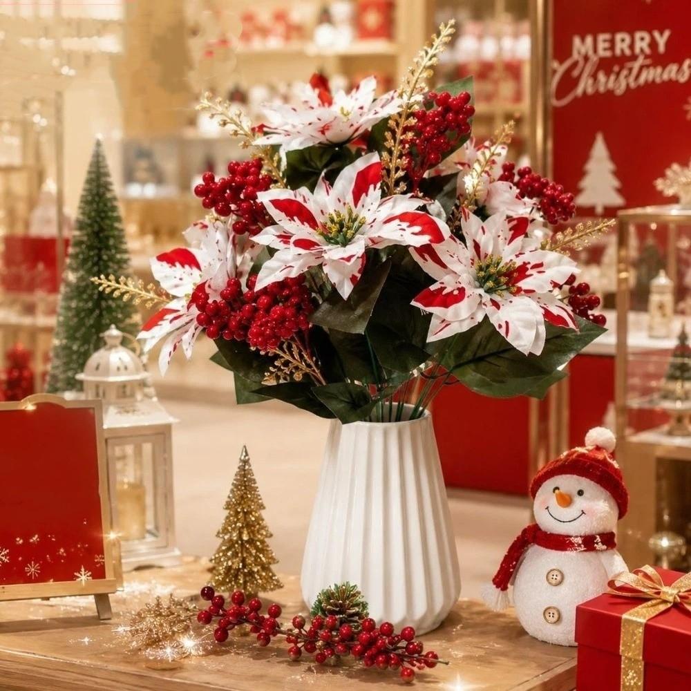 UV Resistant Artificial Poinsettia Bouquet Lush Leaves Xmas Faux Poinsettia  Christmas