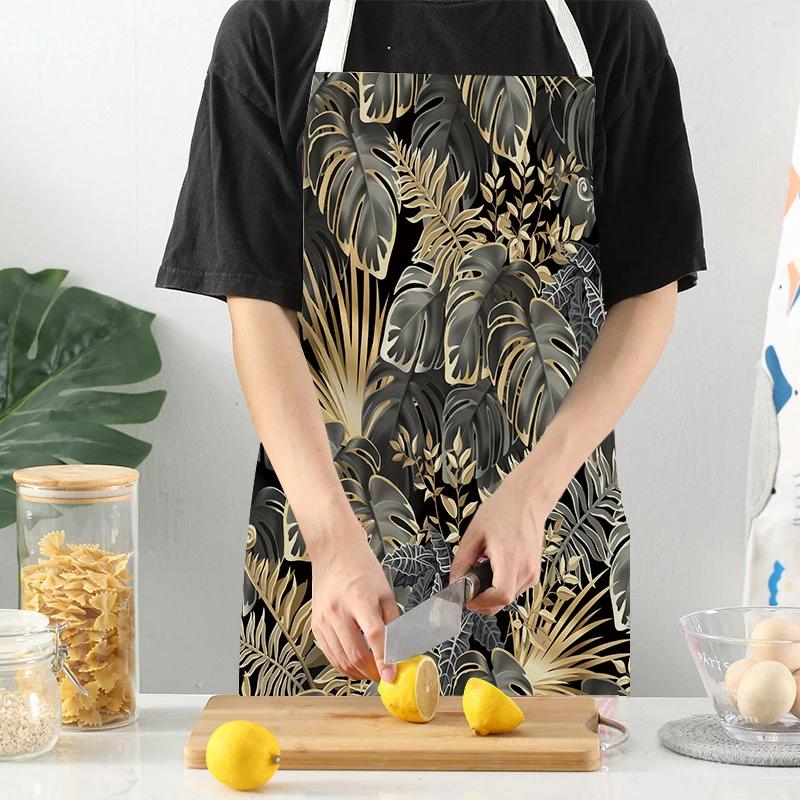 Women Men Plant Flower Leaves Pattern Cleaning Kitchen Aprons Home Cooking Baking Accessories Linen Waist Bibs Home Decor