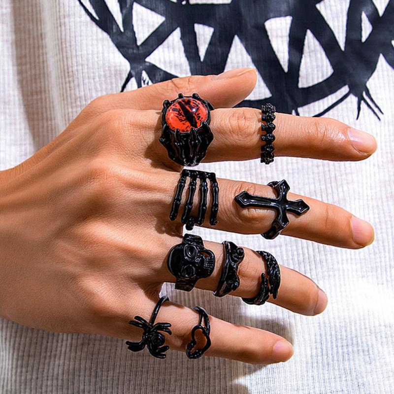 9 Stück/Set Goth Schwarze Teufelsauge Totenkopf Spinne Handflächenringe für Damen Vintage Kreuz Jesus Herzringe Halloween Schmuck Geschenk Neu