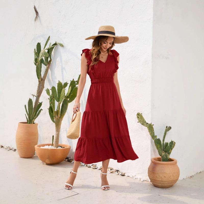 

Длинное платье с V-образным вырезом и высокой талией для повседневного отпуска S багровый