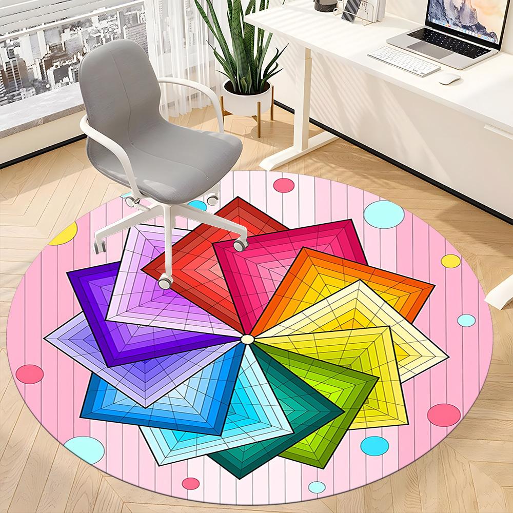 1pc Color Wheel Mandala Chair Carpet for Office, Round Polyester Mat, Indoor Decor for Office, Easycare Fabric, Washable Non-slip Area Carpet
