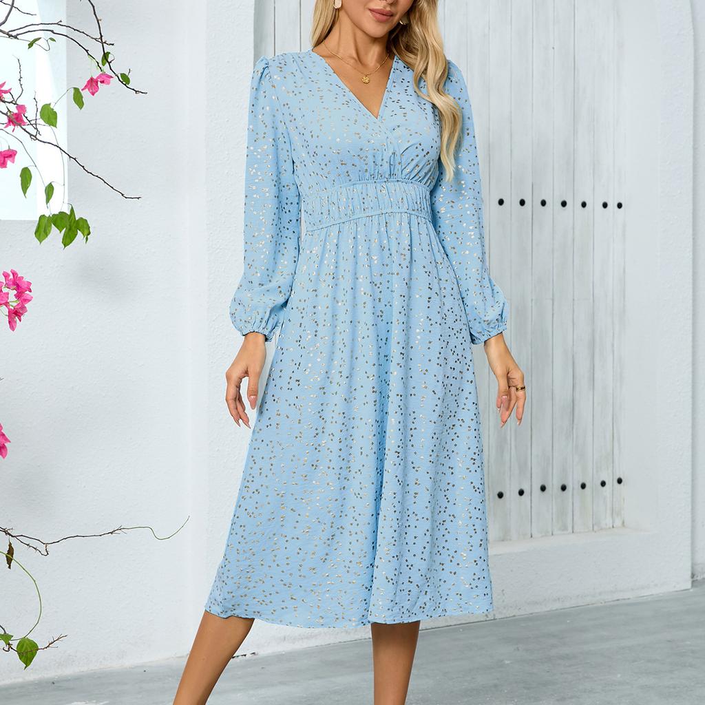 Women's Fashion Sexy Long Sleeve V-Neck Banquet Dresses Dresses Midi Slim Waist Shiny Shiny Dresses