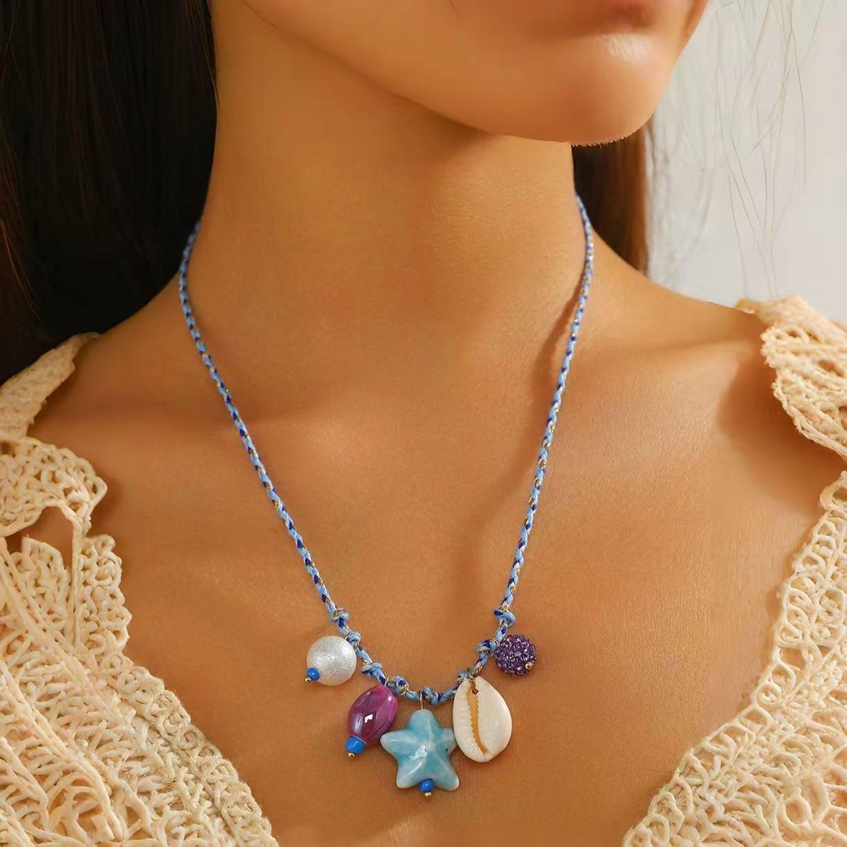 

Summer Colorful Rope Woven Shell Starfish Ceramic Necklace New Ceramic Fish Pendant Necklace Accessories Gifts Y2K Dopamine