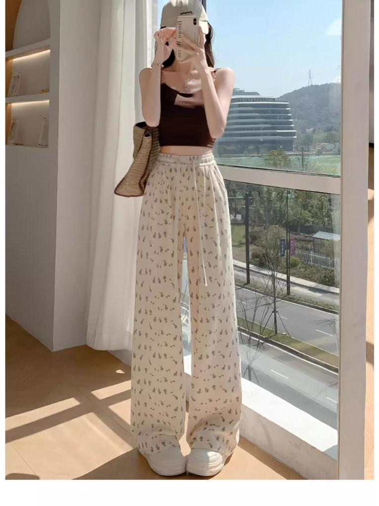 Women's Korean Floral Print High-Waist Loose Drape Pants: Summer Slimming Wide-Leg Trousers