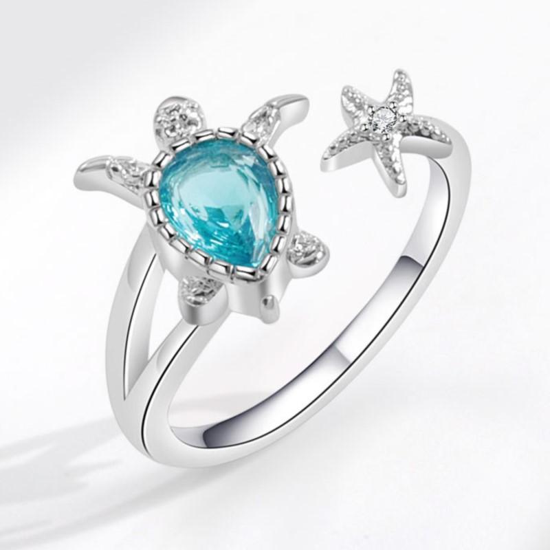 Ventfille   Kupferring Für Frauen Saphirblau Kristall Meeresschildkröte Seestern Design Offen Verstellbar Schmuck Dropshipping white