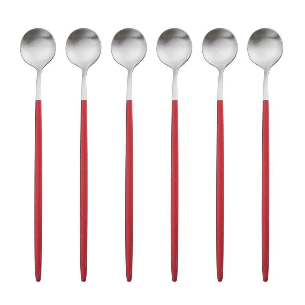 

Набір столових приборів із золота з довгою ручкою, 6 шт. Набір столових приладів із матової нержавіючої сталі. Полірований посуд для перемішування. Напій, морозиво, десерт, чай. срібний/червоний