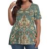 Women's Fashion Casual V-Neck Pullover Short Sleeve Large Size Vintage Printed Top