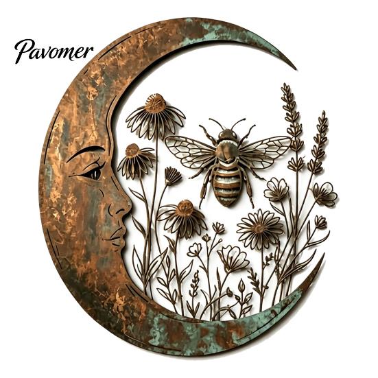 Durable Metal Craft for Garden Vintage Crescent Moon Wall Art, Fairy Witch Bee Dragonfly Iron Hanging Rustic Turquoise Home Accents Decor, Sculpture