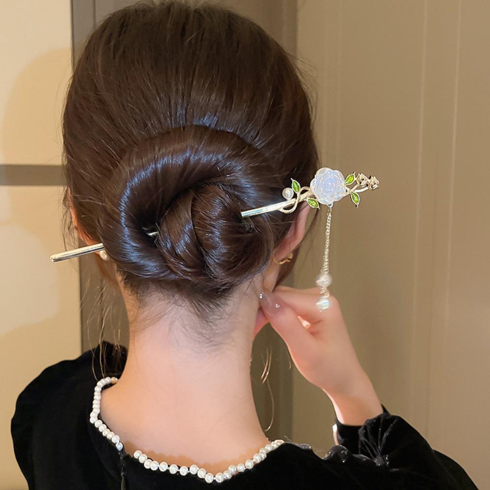 

Hair Accessories Rose Hair Stick Pearl Flower Rose Hanfu Hairpin Rose Tassel Headwear Travel белый