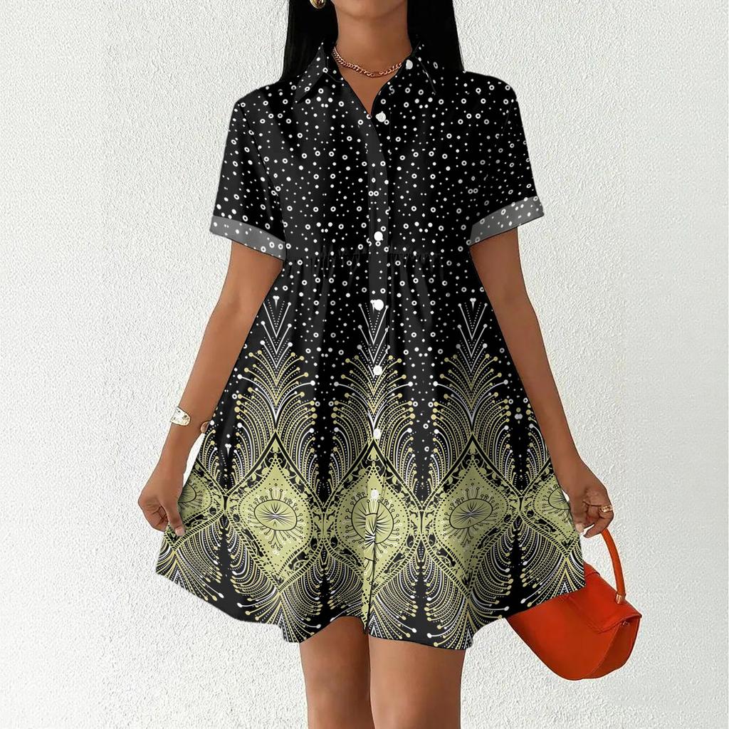 Women Casual Loose Shirt Dress Button Up Stand Collar Short Sleeve Printed Mini Dress Lightweight Tunic Dress