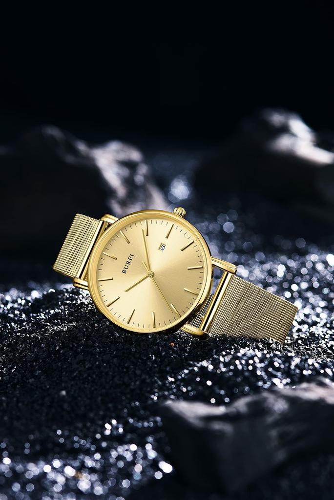 BUREI Herrenuhr, Einfach, Wasserdicht, Analog, Beliebt, Stilvoller Mailänder Stil mit Mesh-Armband und Gold-Armband