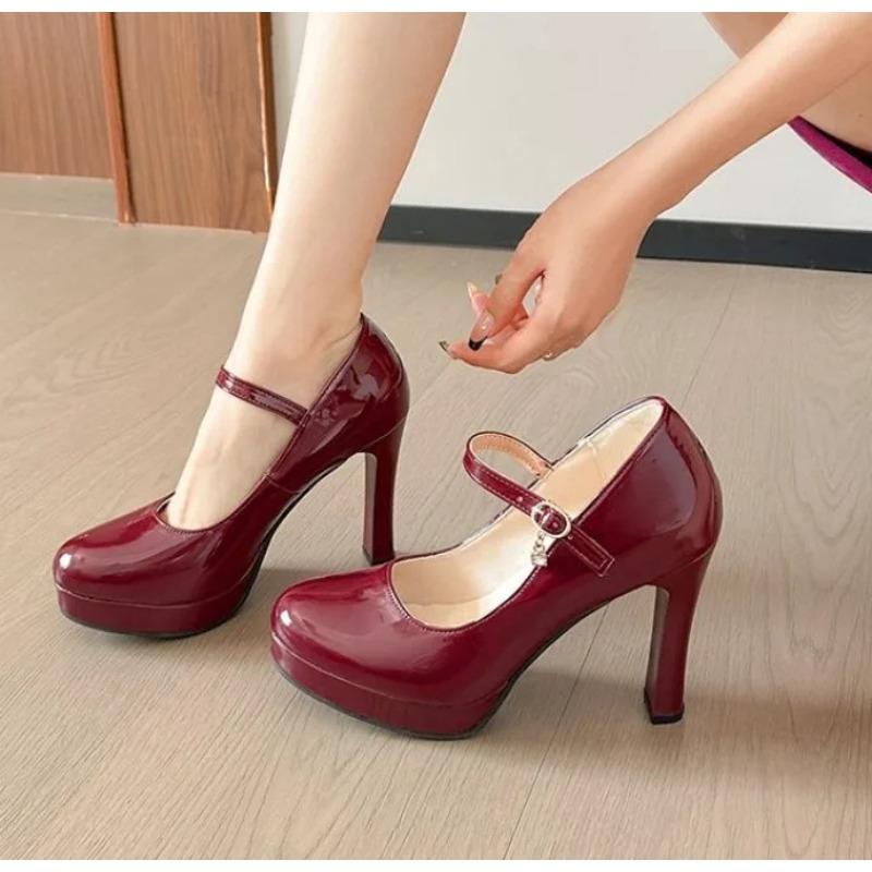 Plus Size 34-42 Mary Janes Women Pumps Fashion Round Toe Patent Leather 12cm High Heels Shoes Spring Office Lady Shoes