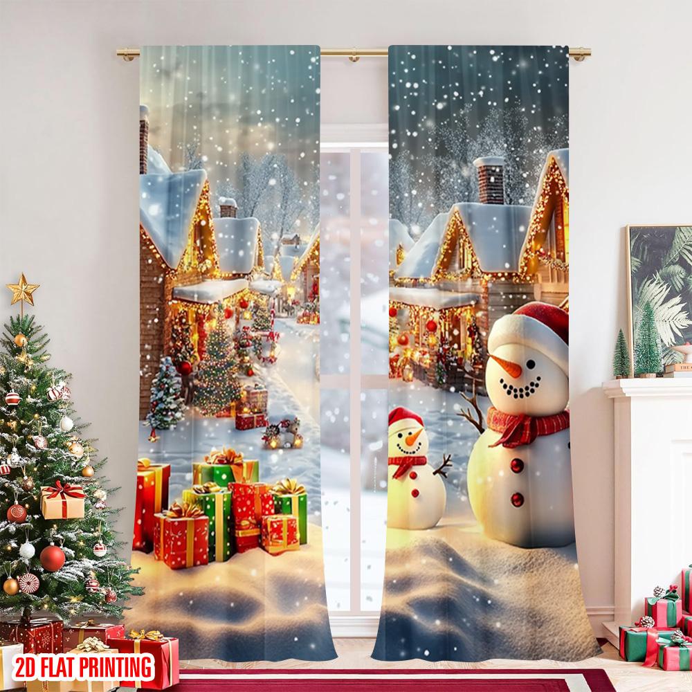 2pcs 2D flat printing Merry Christmas Popular Window Drapes Farm Style Christmas Scene 0 Machine Washable Polyester Without