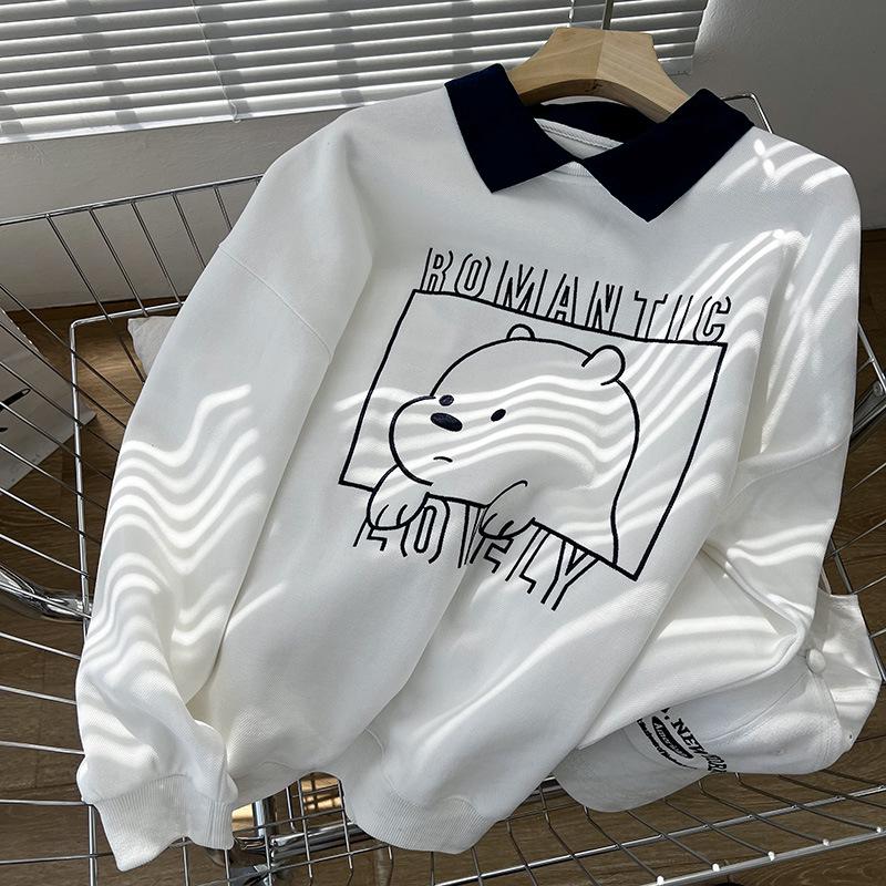 

Женский весенний милый свитшот с воротником поло с мишкой - Свободная куртка в корейском стиле для молодежного образа L [110-130 jin] белый