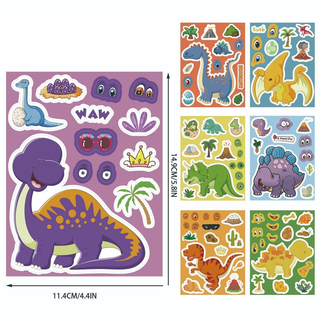 8PCS Dinosaur Make a Face Sticker, Cute DIY Puzzle Face Swap Decals for Diary Notebook Phone Fridge, Cartoon Animal Stickers