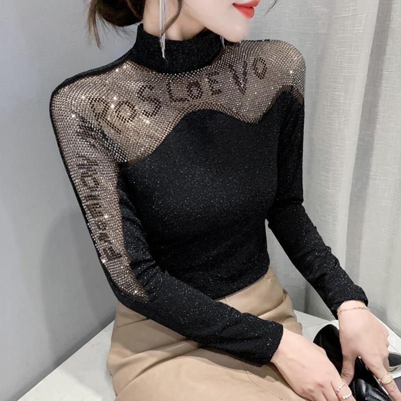 

Рубашка с высоким воротом и бархатной основой для женщин с осенне-зимним тяжелым ромбовидным верхом, сексуальная ажурная футболка с длинными рукавами, рубашка Temperament 3XL чёрный