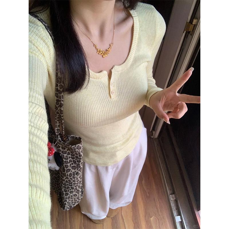 Half-open Neck Button-neck Knitted Long-sleeved Bottoming Shirt Women's Spring Tight-fitting Pure Wind Inner Top Sweater