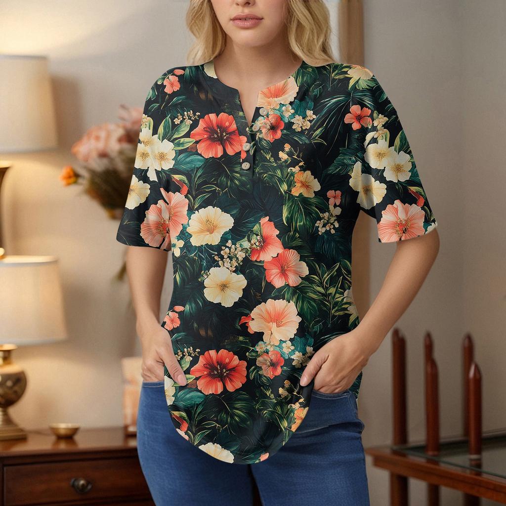 Dámské topy s krátkým rukávem, letní trička, květinový potisk, výstřih do V, ležérní základní trička s knoflíky, tuniky