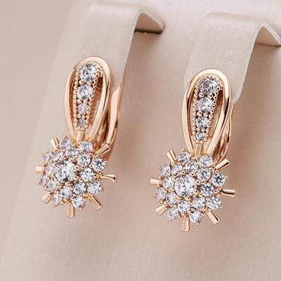Fully Inlay White Zircon Gold Plated Flower Drop Earrings Classic Wedding Jewelry for Women